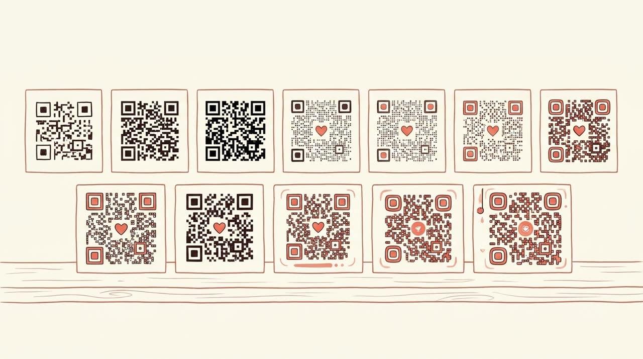 A horizontal arrangement of nine QR code variants of different visual styles — some plain black, some with coral hearts at center, some with brand colors — laid out across small cards from simplest to most sophisticated — coral line-art on cream background.