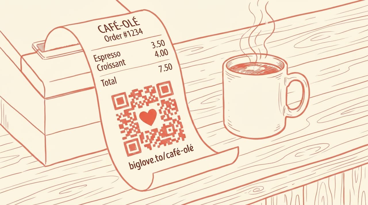 A close-up of a curled thermal receipt freshly ejected from a printer with a clear branded QR code (coral heart at center) at the bottom, a coffee mug beside it — coral line-art on cream background.