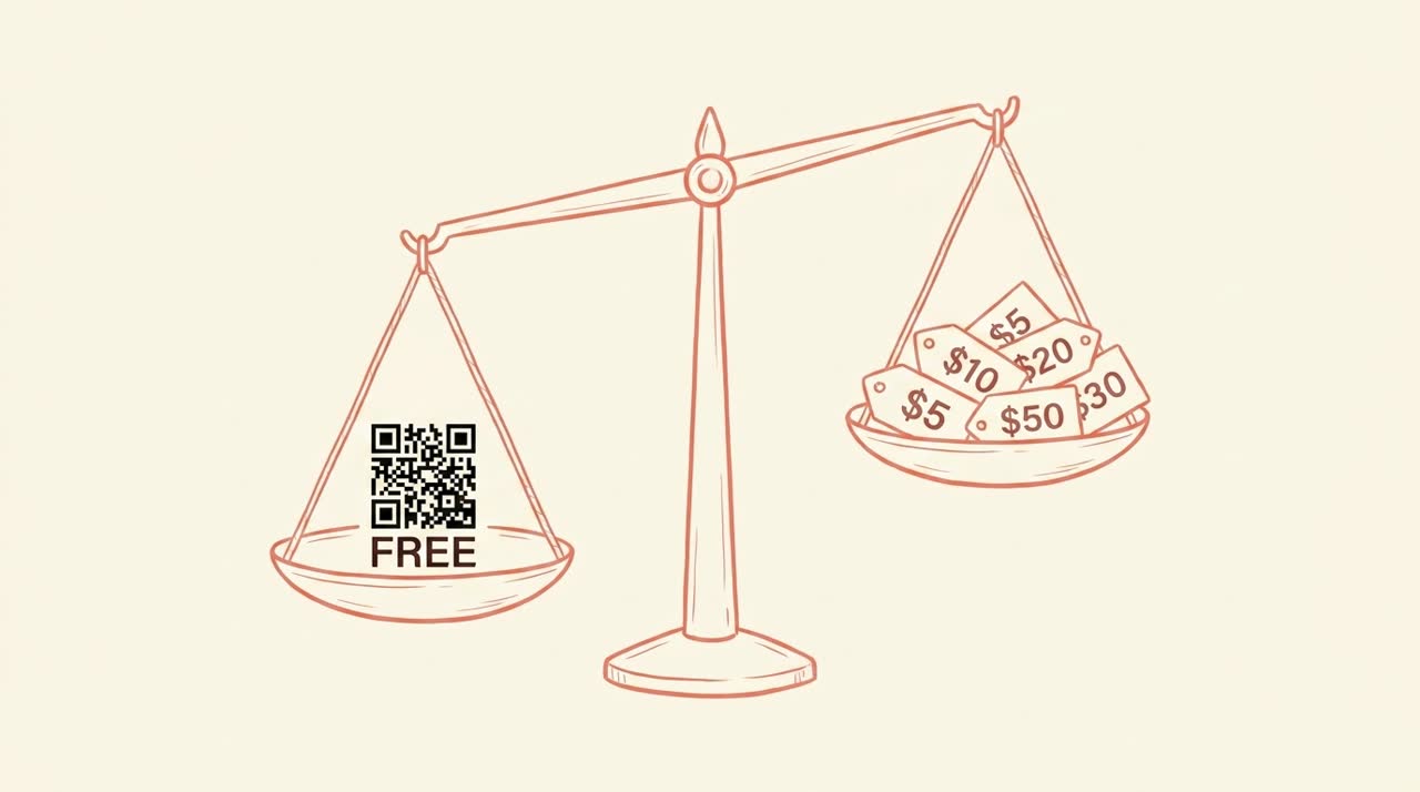 A balance scale weighing a small plain free QR code on the left pan against a stack of dollar-amount price tags on the right pan, showing the tradeoff between free and paid review-QR tools — coral line-art on cream background.