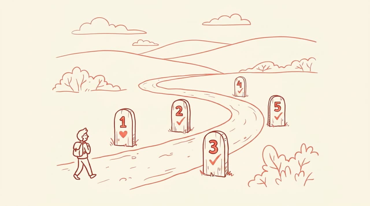 A winding path with five numbered milestones, each marked with a coral heart and checkmark, a small walking figure approaching milestone one — practical playbook visualization in coral line-art on cream background.