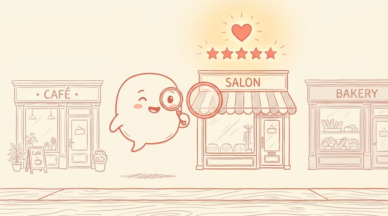 A friendly AI assistant character with a magnifying glass floating in front of a row of local shopfronts (cafe, salon, bakery), its magnifier highlighting the one with a coral heart and five stars glowing above its awning — coral line-art on cream background.
