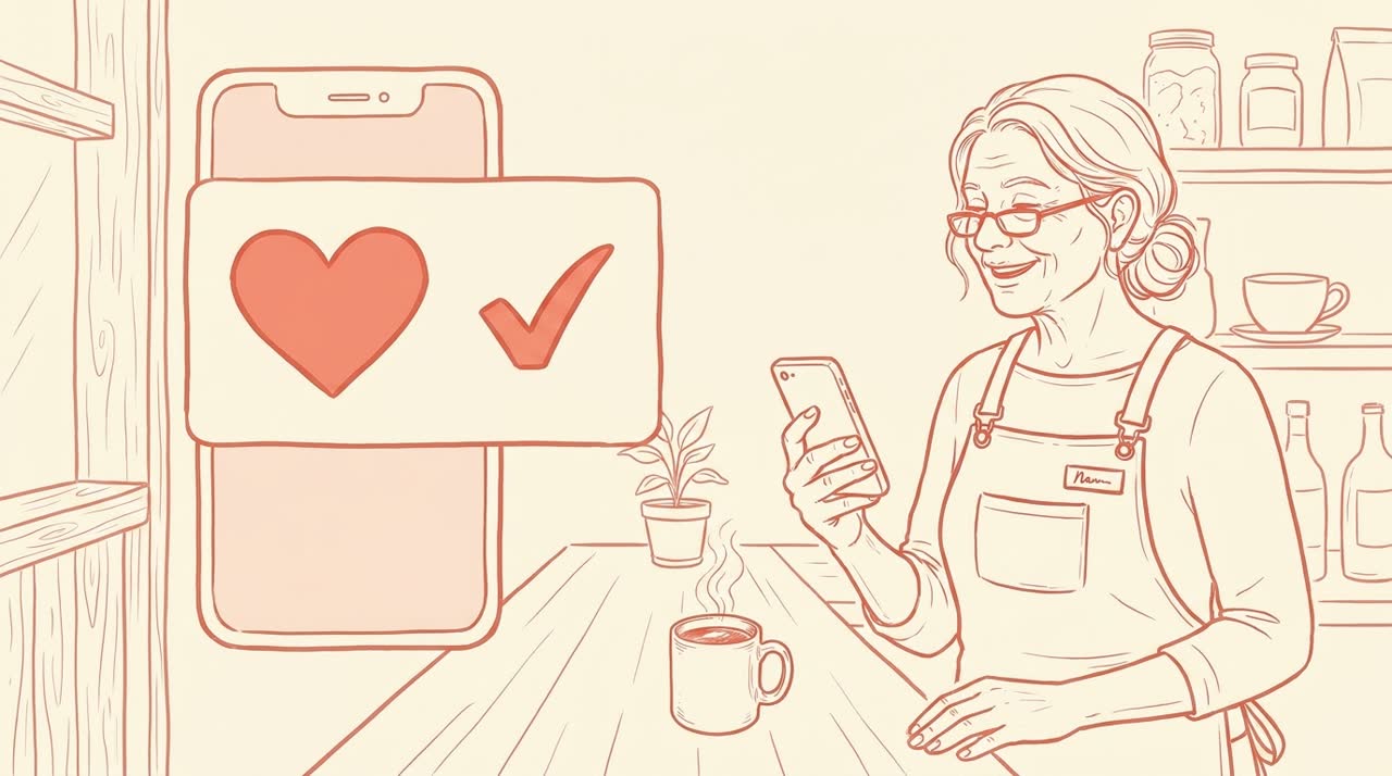 A smiling cafe owner in an apron behind her counter looking at a phone showing a notification card with a coral heart and a checkmark, a steaming coffee mug beside her — coral line-art on cream background.