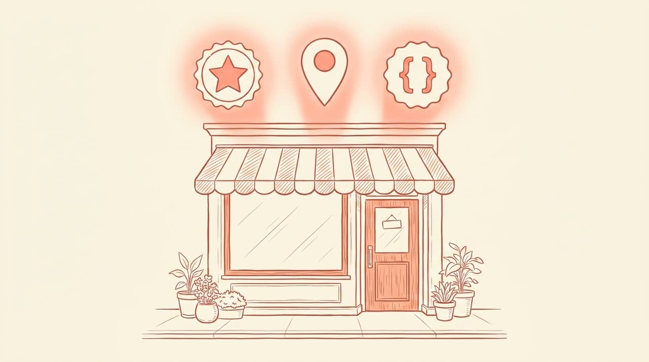A single cafe storefront with three glowing coral signal badges floating above it — a star (reviews), a map pin (location), and curly braces (structured data) — coral line-art on cream background.