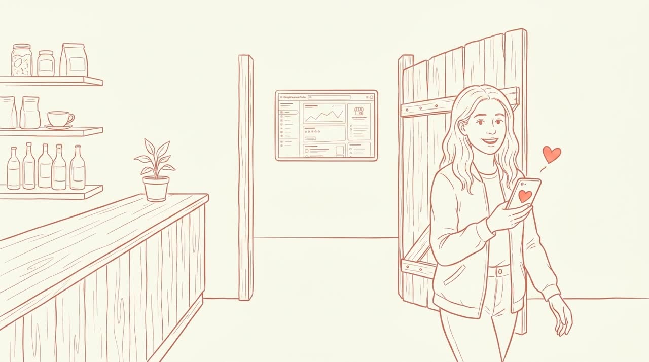 A happy customer walking away from a café counter with a phone showing a coral heart, behind them a wooden gate now wide open leading to the Google review form — coral line-art on cream background.