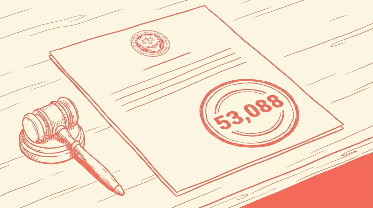 An official document with the FTC seal stamped at the top and a large coral $53,088 penalty stamp on the right side, a small gavel beside it — coral line-art on cream background.