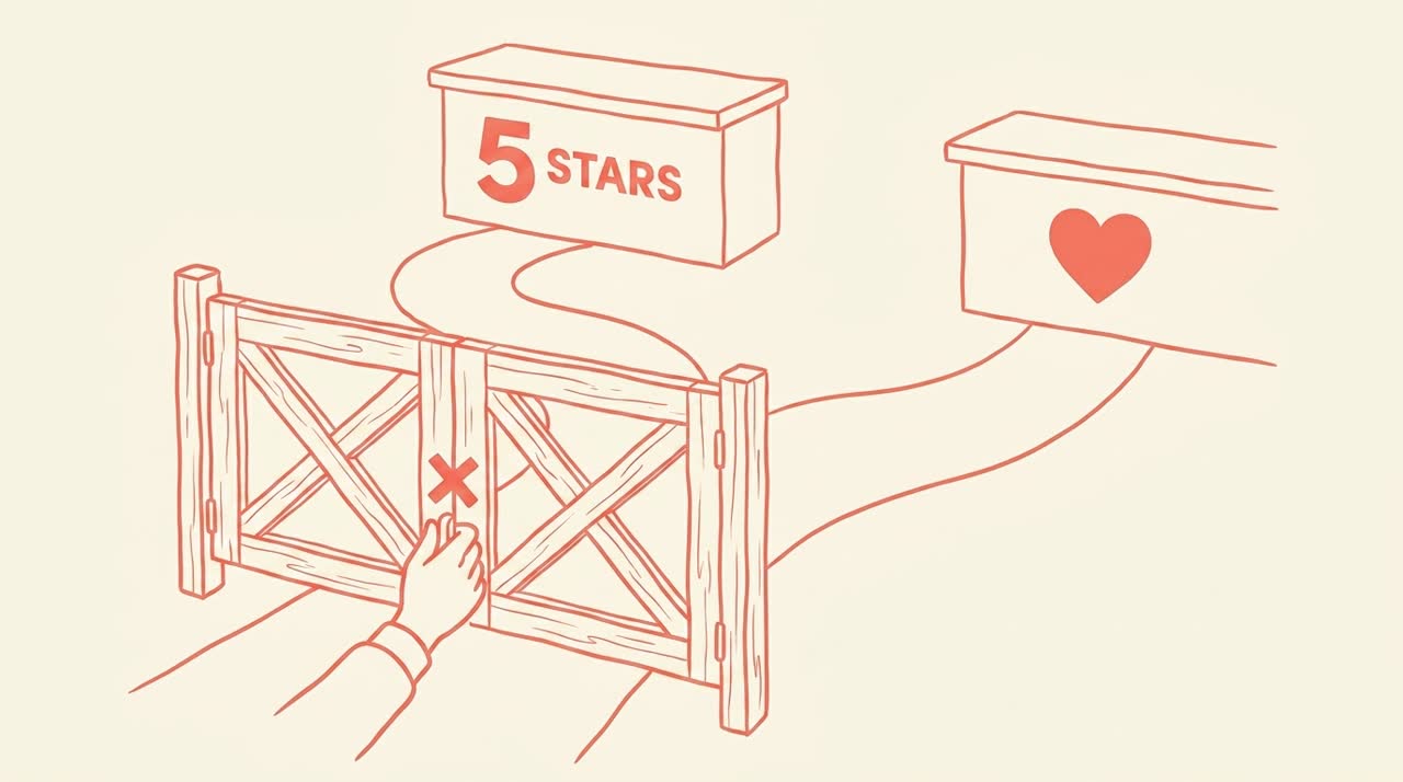 A wooden gate being shut closed on the path to a five-star review counter, while a separate open path leads to a counter with a heart icon — coral line-art on cream background.