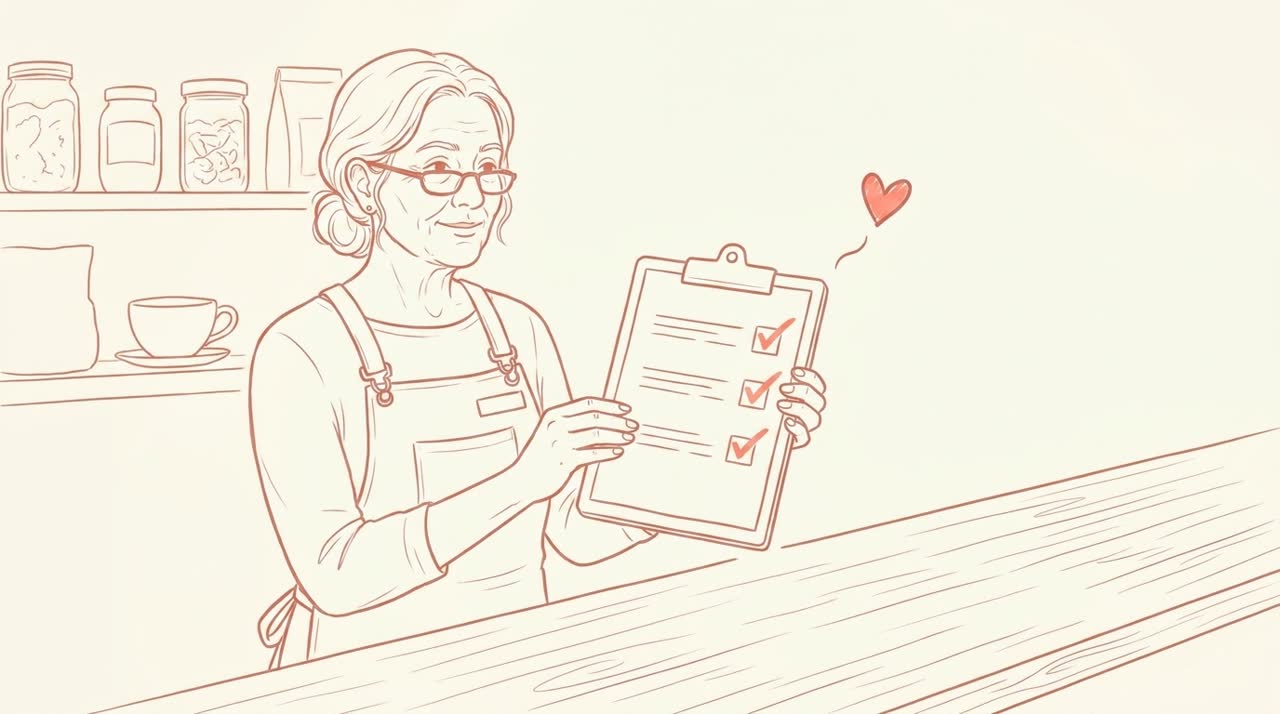 A small business owner with an apron at a counter holding a clipboard with three checkmarked items, a small coral heart floating beside her — coral line-art on cream background.