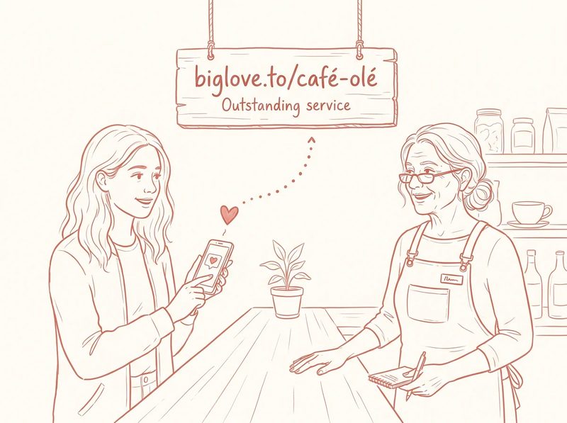 A young customer at a counter sending appreciation to a beloved older shopkeeper, with a sign reading biglove.to/café-olé — Outstanding service