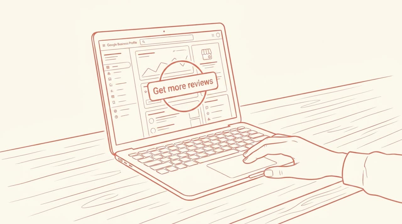 Hand-drawn illustration of a laptop showing the Google Business Profile dashboard with the Get more reviews button highlighted, while a hand reaches toward the trackpad — coral line-art on cream background.