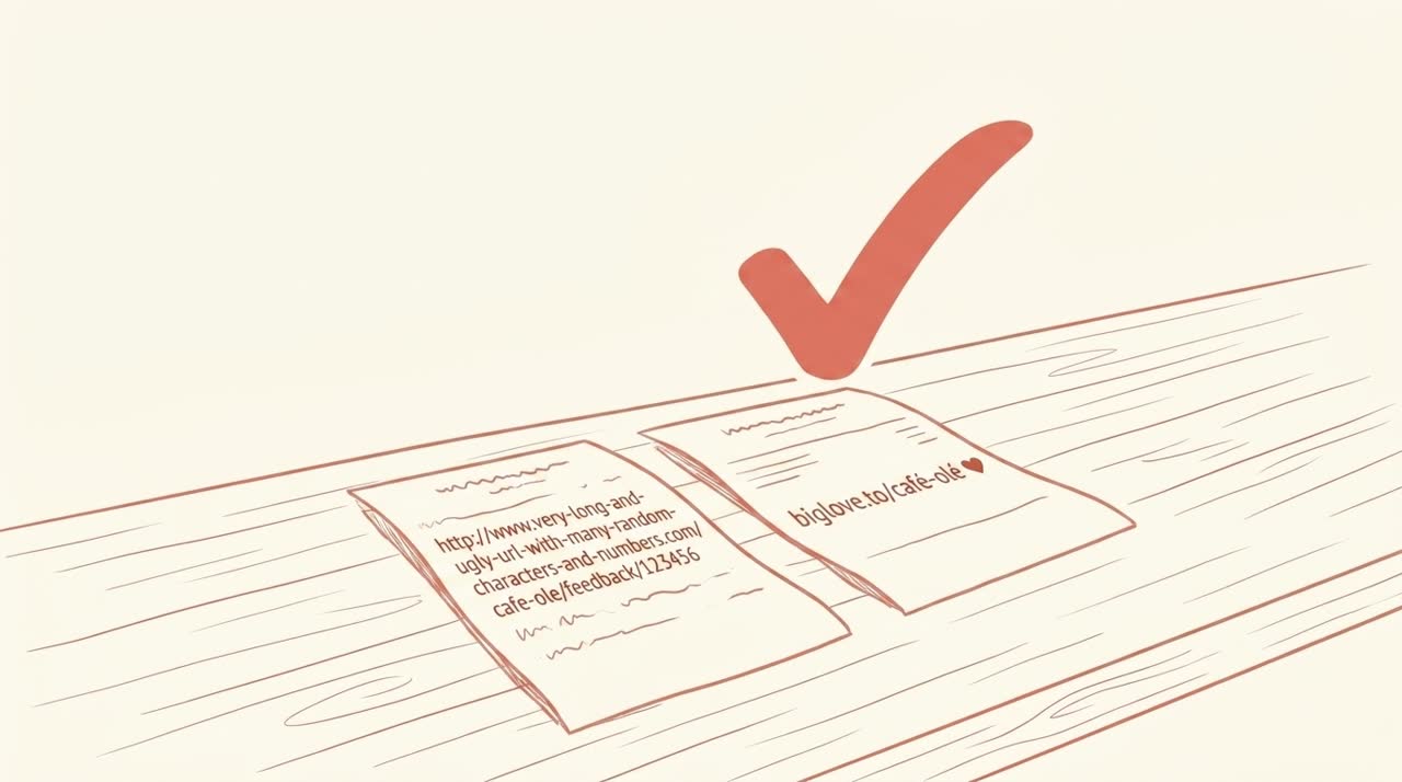 Two thermal receipts side by side: the left one shows a long ugly URL wrapping across three lines, the right one shows a clean short branded URL on a single line with a small heart icon — coral line-art on cream background.