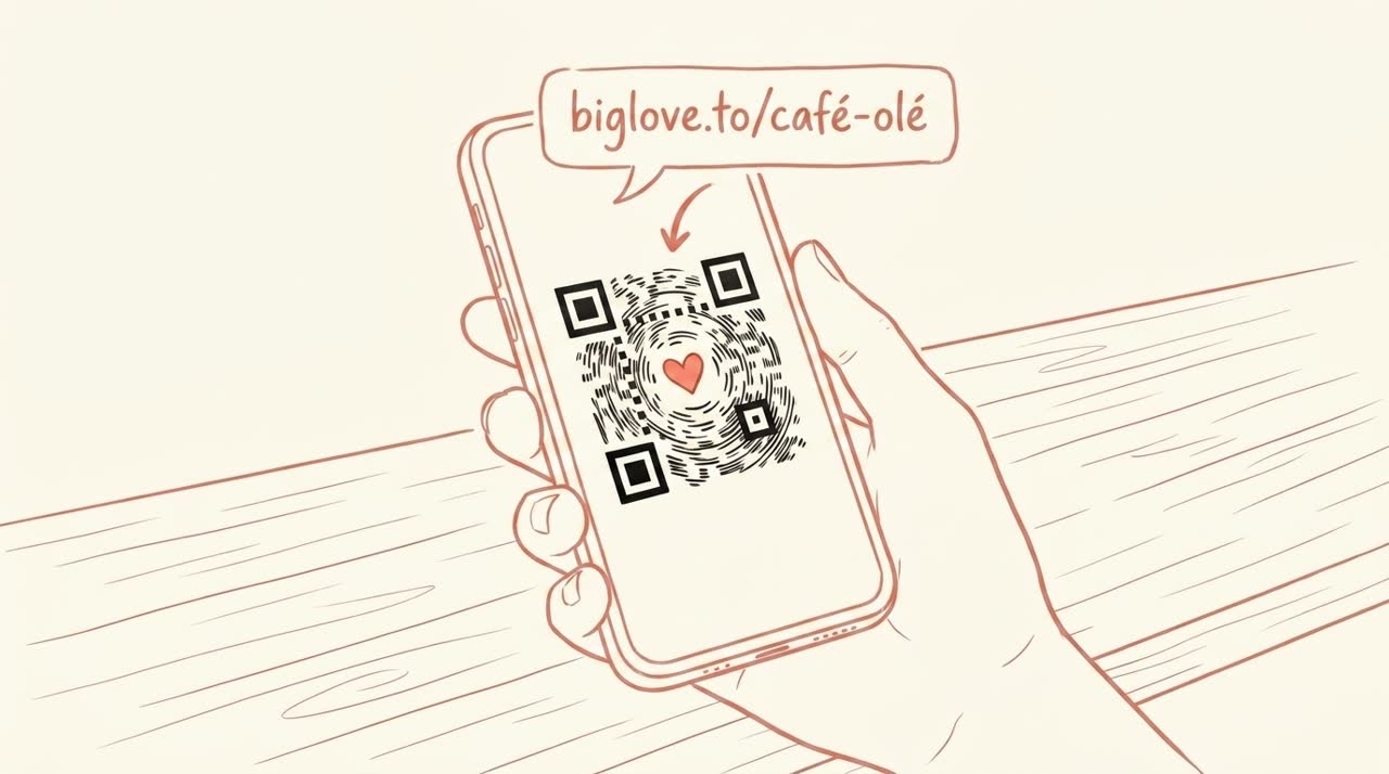 A smartphone held in hand showing a QR code being generated with a heart at the center, a URL bubble feeding into the QR pattern above — coral line-art on cream background.