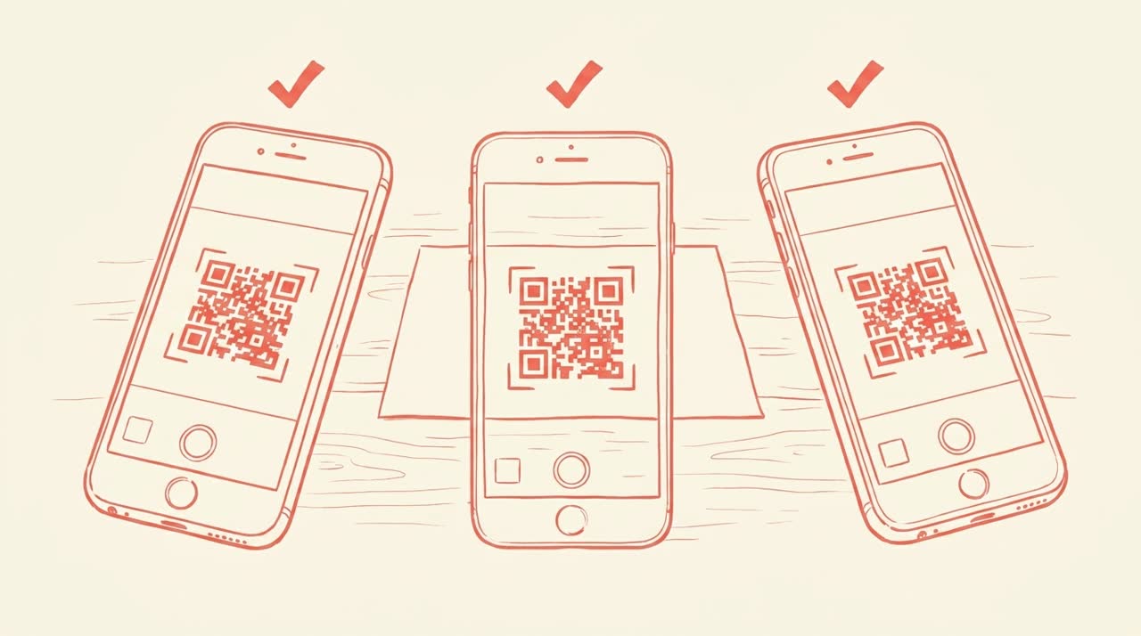 Three different smartphones arranged in a row, all scanning the same QR code on a small piece of paper between them, with coral checkmarks above each phone indicating a successful scan — coral line-art on cream background.