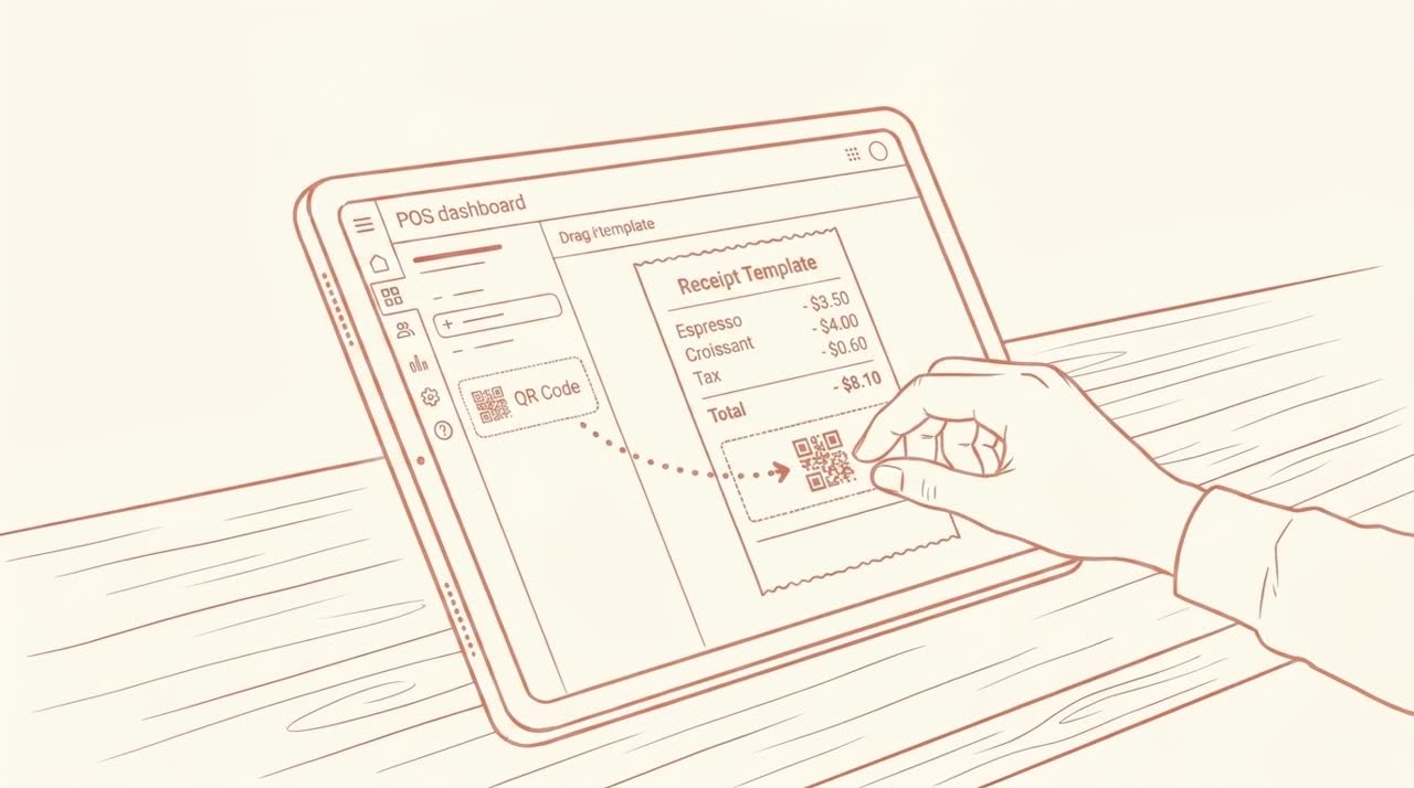 A tablet showing a POS dashboard with a receipt template visible: itemised transaction at the top, and a hand dragging a QR code from a sidebar into the receipt footer area — coral line-art on cream background.