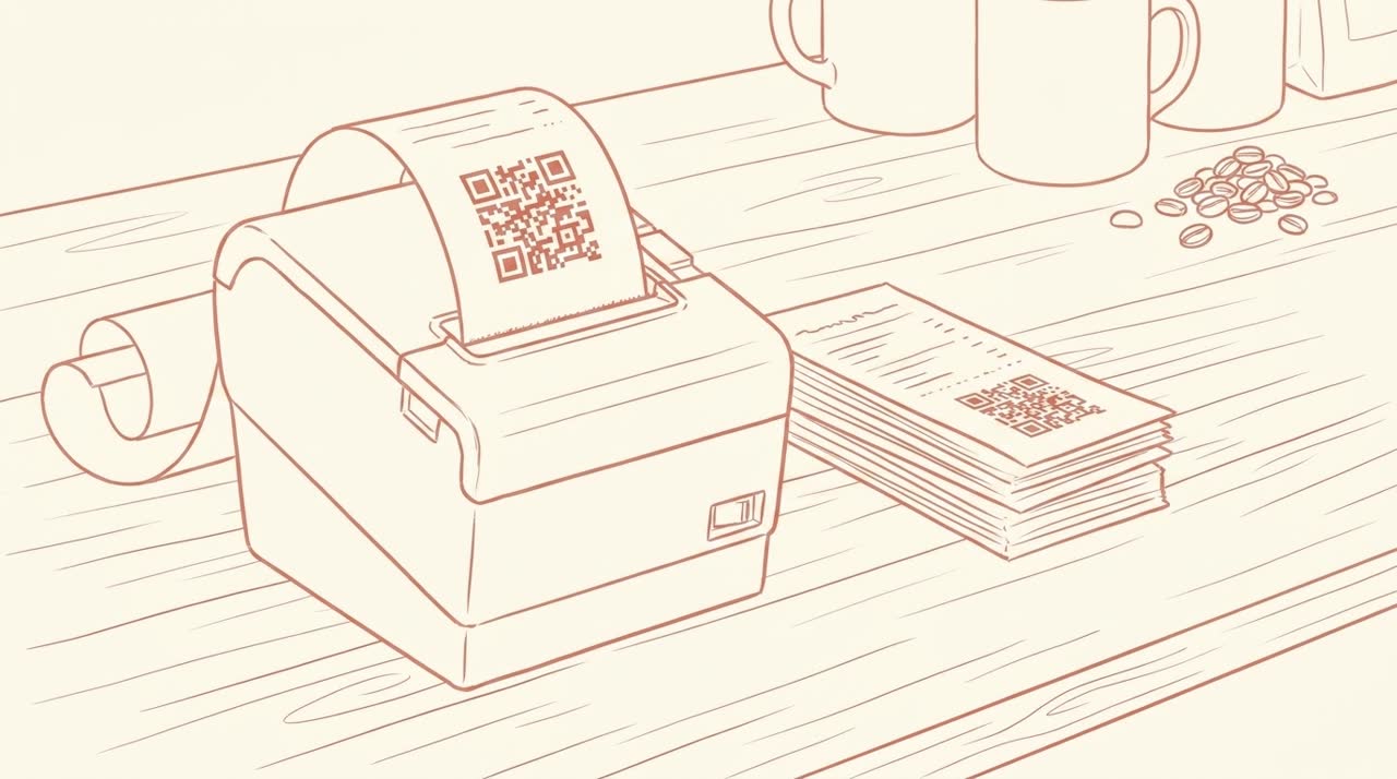 A thermal receipt printer on a cafe counter ejecting a curling receipt with a visible QR code, three more printed receipts stacked beside it, mugs and coffee beans in the background — coral line-art on cream background.