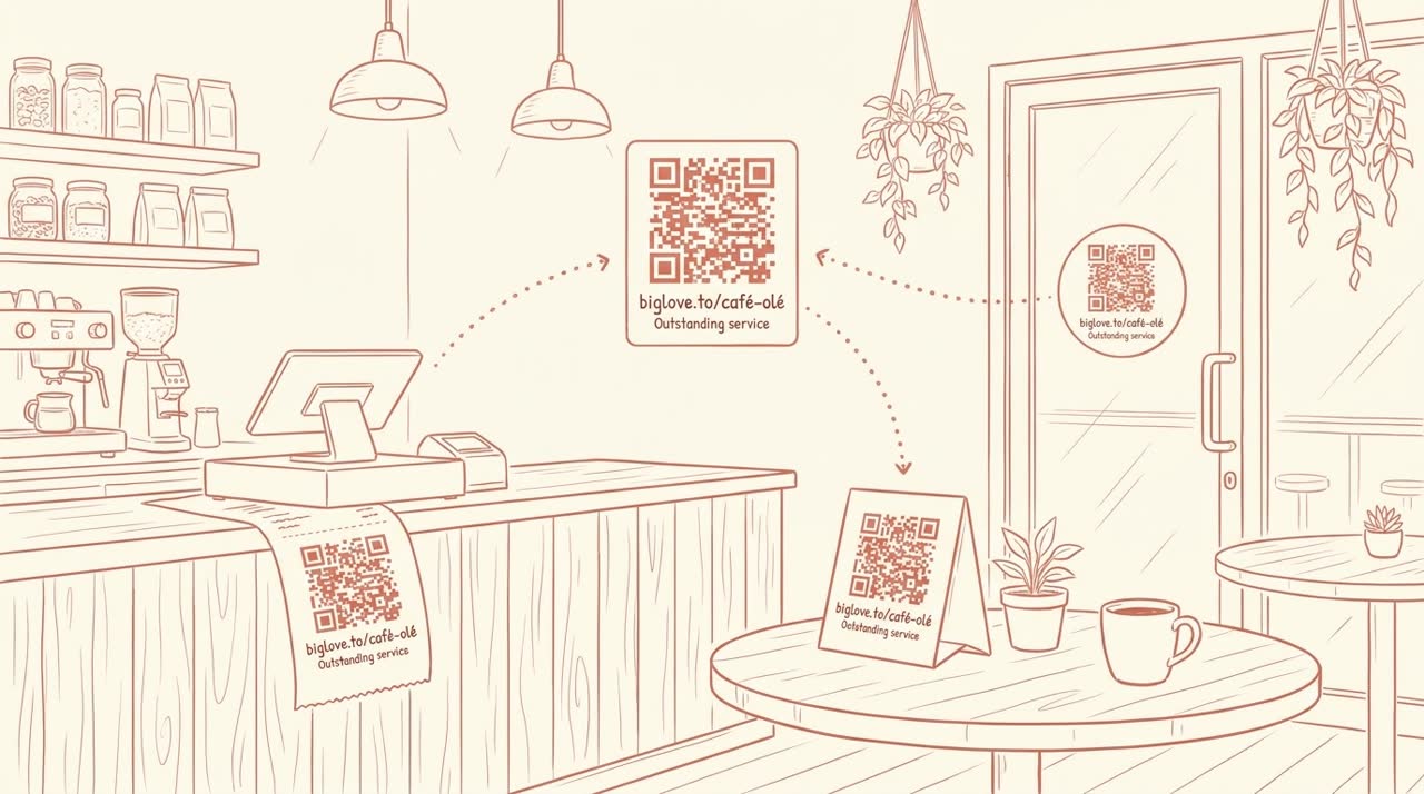 A cafe interior showing the same QR code in three placements: on a receipt at the counter, on a table tent on a wooden table, and on a sticker on a glass door — connected by dotted lines to show they encode the same URL — coral line-art on cream background.