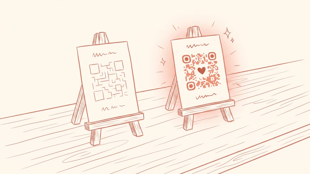 Two QR code cards on tiny easels: a plain one on the left, and a glowing branded one with rounded coral dots and a heart at its center on the right — coral line-art illustration.