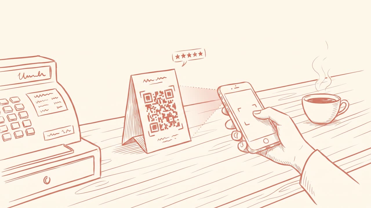 A customer scanning a small QR code card standing on a café counter next to the register — coral line-art illustration on cream background.