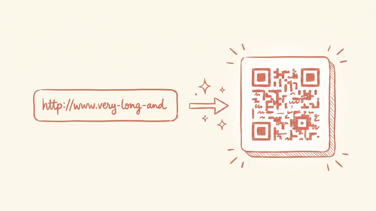 A long messy URL in an input box transforming into a crisp QR code card, shown with an arrow and sparkles — coral line-art illustration.
